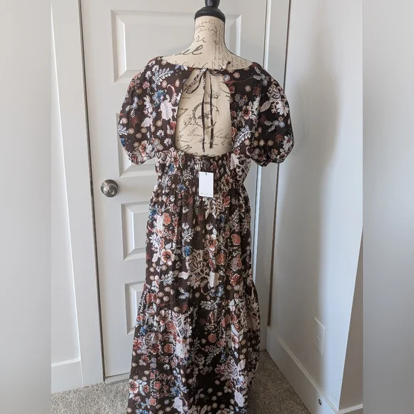 Sugarlips Brown Floral Maxi Dress with Puff Sleeves Size XL - Picture 3 of 12